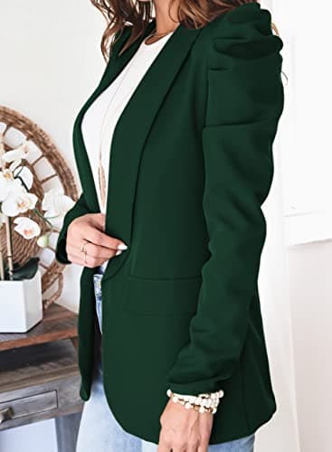 KIRUNDO Women's 2026 Spring Fall Casual Blazers Puff Sleeve Lapel Open Front Work Suit Office Blazer Jackets with Pockets(Dark Green, Large) - Thumbnail 2