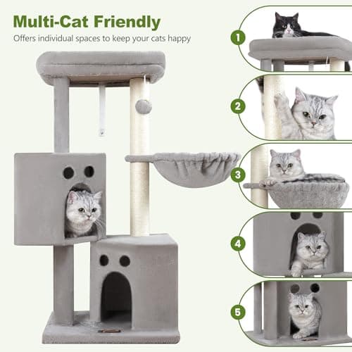 Small Cat Tree Tower for Indoor Cats, 40 In Medium Multi-Level Compact Cat House Bed with 2 Condo, Large Platform Perch, Sisal Scratching Post, Hammock, Cat Climbing Stand for Kitty kitten(Light Grey) - Thumbnail 5