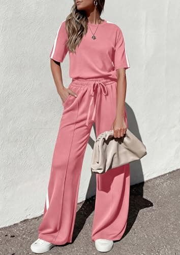 PRETTYGARDEN Women's 2 Piece Sets Summer Casual Short Sleeve Tops Wide Leg Pants Matching Lounge Set Vacation Travel Outfits (Pink,XL) - Thumbnail 5