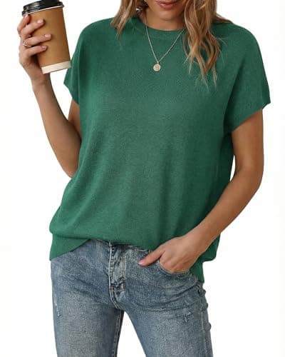 Arach&Cloz Womens 2026 Short Sleeve Spring Summer Cashmere Wool Blend Lightweight Sweaters Crew Neck Oversized Casual Work Plus Size Blouse Tops Batwing Dolman OutfitsTrendy Fashion Green M - Image 1