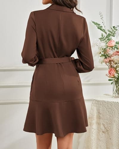 Women Long Sleeve Casual Satin Button Up Down Front Midi Belt Shift Collar Shirt Dress with Pocket Ladies Deep Dark Brown Chocolate Work Office Business Holiday Vocation Ruffle Hem Dresses - Thumbnail 5