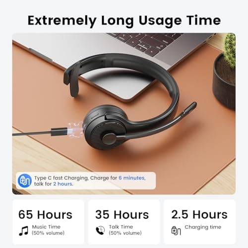EKSA H3 Trucker Bluetooth Headset V5.4, Wireless Headphones with Mic Noise Cancelling, Mute Button & Replacement Ear Cushion, 65Hrs Driver Bluetooth Headset for Cellphone Office Work - Thumbnail 5