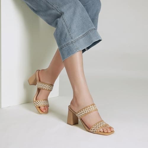 Athlefit Women's Braided Heels Square Toe Strappy Braided Sandals Slides Slip On Woven Block Brown Braided Heels Size 7 - Thumbnail 2