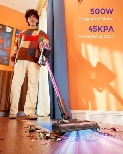 SVHT Cordless Vacuum Cleaner, 500W 45KPA 50Mins Stick Vacuum Cleaners for Home with LED Light, Self-Standing, Anti-Tangle Brush & 1.6L Dust Cup, Lightweight Vacuum for Pet Hair, Carpets, Hard Floors - Thumbnail 2