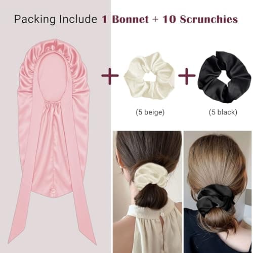 Women's Silky Bonnet - Long Tie Sleep Cap, Curly/Natural Hair, Adj. Night Hat, +10 Scrunchies, Mom/Wife - Thumbnail 5