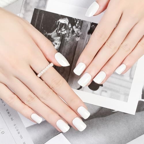 White Press On Nails Short Square - No Glue Natural Elegant Acrylic Fake Nail Design for Everyday or Wedding, Easy to Apply & Remove, 24 Nails in 12 Sizes with File - Image 1