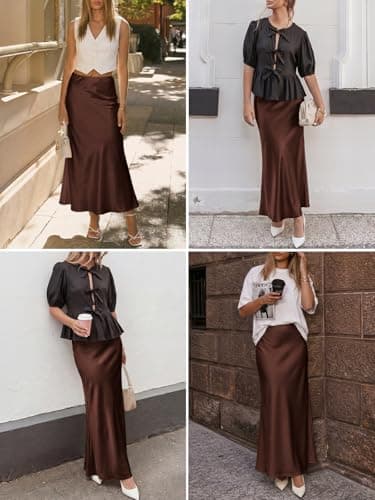 LORJIO Women's Satin Maxi Skirts Dressy Casual 2026 Spring High Waisted Flowy Long Silk A Line Elegant Formal Work Midi Skirts Chocolate Brown L - Thumbnail 5