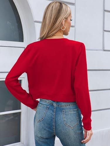 Heymoments Women Cropped Cardigan Bolero Shrug Red XX-Large Button Down Long Sleeve Crewneck Casual Business Ladies Open Front Knit Lightweight Coat Fall Tops Sweater for Dresses Jean - Thumbnail 5