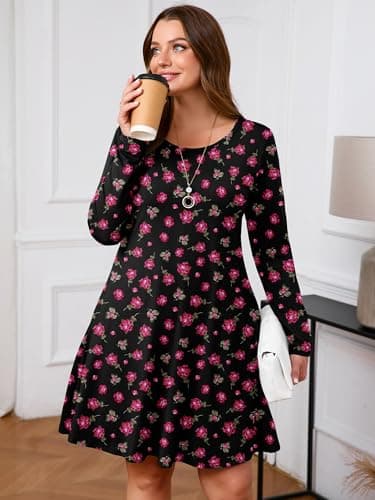 AusLook Plus Long Sleeve Dress for Women 2025 Fall Winter Casual Flowy A-Line Boho Midi Party Vacation Maternity Wedding Guest Work Black Pink Rose 2X Dresses with Pockets - Thumbnail 3