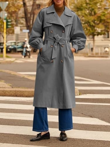 Tankaneo Womens Long Trench Coat Fall Fashion Oversized Double Breasted Lapel Overcoat Outerwear with Belt - Thumbnail 4