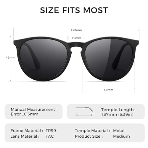 SUNGAIT Premium Vintage Round Sunglasses for Women Men Classic Retro Trendy Style (Black Frame(Matte Finish)/Polarized Grey Lens) 1567 PGHKH - Thumbnail 5