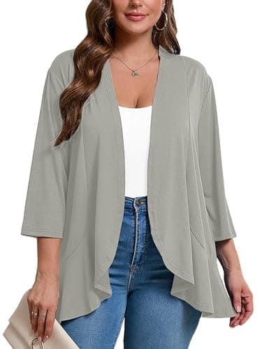 AusLook Women's Plus Size 3/4 Sleeve Lightweight Open Front Cardigan Light Gray 4X Draped Ruffles Causal Cover Ups Shrugs Tops Shawls and Wraps Kimono Jacket Coat - Image 1