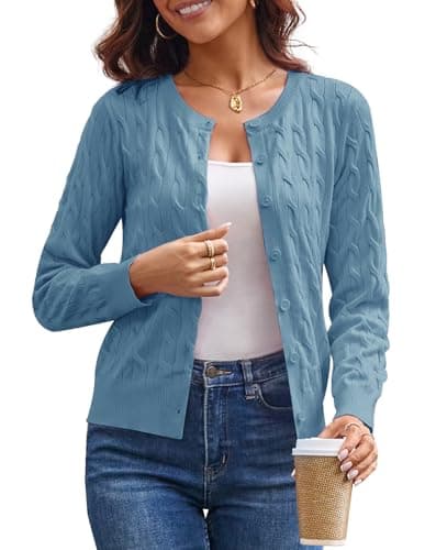 Women Button Up Cable Knit Cardigan Sweaters Lightweight Blue Cropped Cardigan Crewneck Shrug Sweaters for Women XL - Image 1