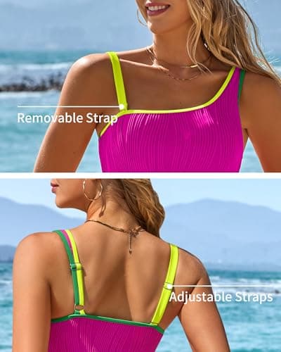 Charmo Womens Textured One Piece Bathing Suit One Shoulder Modest Swimsuit Slimming Full Coverage Swimwear 2026 Pink L - Thumbnail 2