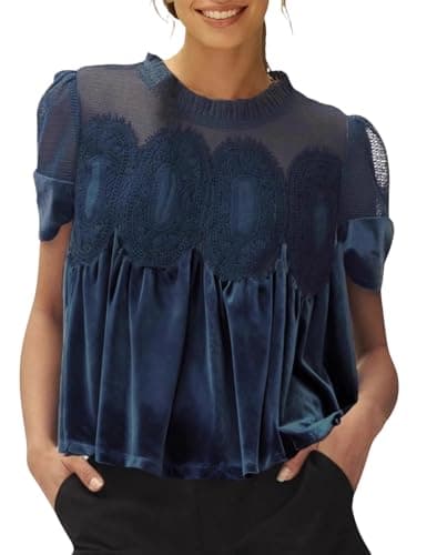 hathne Velvet Lace Blouse for Women Elegant Casual Crew Neck Short Sleeve Top Loose Fit Flared Swing Shirt(DarkBlue,M) - Image 1