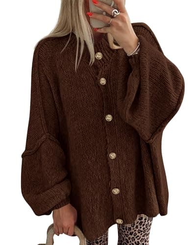 BTFBM Cardigan Sweaters for Women 2026 Fall Clothes Lantern Long Sleeve Button Open Front Chunky Knit Oversized Sweater(Brown, Large)