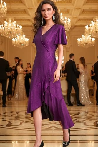 Autumn Flowerwall Women Plus Size Wedding Guest Dress Sparkle Purple 2XL Lustrous Knit V Neck Flutter Sleeve Cocktail Dress A-Line Formal Party Gowns Curvy Evening Elegant Slit Dress - Thumbnail 2