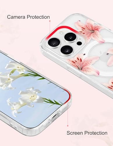 Aitipy Lily Phone Case for iPhone 14 Pro Max, Compatible with MagSafe, Cute Clear TPU Slim Shockproof Protective Phone Cover for Women Girls, Pink Lily - Thumbnail 4