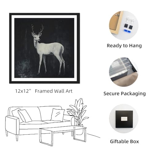 Moonow7 Deer Wall Art Framed – Small Minimalist Animal Print, Vintage Wall Decor for Living Room, Zen Forest Pictures for Bedroom, Rustic Farmhouse Artwork for Entryway, Gallery, Size 12x12” - Thumbnail 2