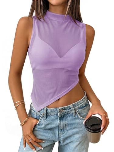 UNCLECAT Womens Sheer Mesh Mock Neck Tank Tops Going Out Sleeveless Asymmetrical Hem Crop Tops Summer 2026 Shirt Purple - Image 1