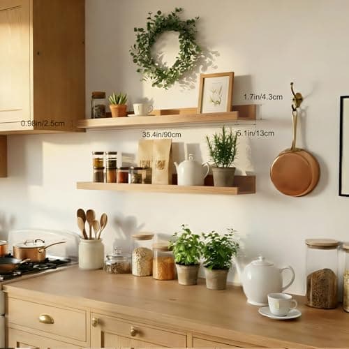 Modcraft 36 Inch Oak Floating Shelves with Lip, Extra Long Wall Mounted Picture Ledge, Large Rustic Farmhouse Wall Shelf for Gallery Wall & Living Room, Display Shelf for Photos Frames Books, Set of 2 - Thumbnail 5