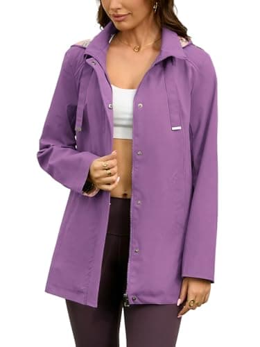 MODERN BUBBLE Womens Long Hooded Rain Jacket Waterproof Outdoor Hiking Raincoat Windbreaker Lightweight Trench Coat (US, Alpha, X-Large, Regular, Regular, Light-Purple) - Image 1