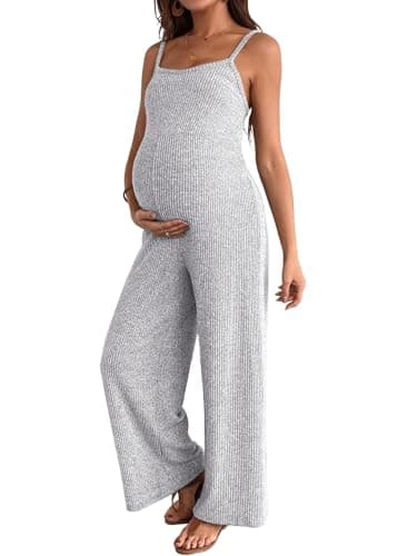 BLENCOT Womens Maternity Jumpsuit Casual Loose Ribbed Adjustable Strap Sleeveless Wide Leg Long Pants Romper Grey X-Large - Image 1