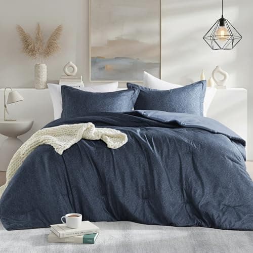 Regency Heights Full/Queen Size Comforter Set, Lightweight Navy Soft Bedding for All Seasons, 3 Pieces Chambray Print Solid Farmhouse Bed Set, Comforter & Shams - Image 1