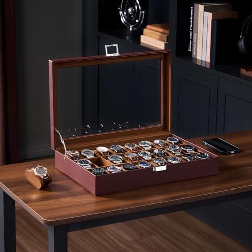 ProCase Watch Box for Men, 24 Slot Display Case with Real Glass Lid and Removable Pillows. Premium Storage Holder Organizer, Gift for Dad & Father's Day & Watch Collectors -Dark Brown - Thumbnail 3