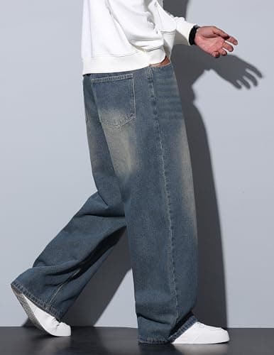 QGRSWBC Baggy Jeans Men Wide Leg Hip Hop Jeans Mid Rise Denim Pants Loose Fit Skater Trousers Haze Blue XS - Thumbnail 5