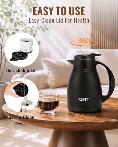 GiNT Insulated Coffee Carafe 34 Oz, Small Stainless Steel Flask for Hot Coffee with Fully Washable Detachable Lid, Portable Thermal Pitcher One-Hand Push Button Tea Dispenser for Travel Camping Office - Thumbnail 4