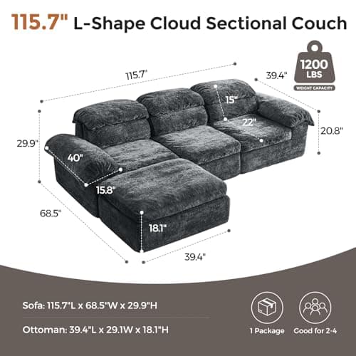 Ayovoch 115.7" L Shaped Modular Sectional Sofa with Ottoman, Cloud Boneless Couch, Upholstered Sofa in a Box, Flexible Module Combination for Living Room, No Assembly, Grey - Thumbnail 2