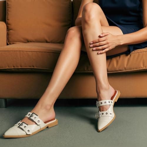 Grakihily Buckle Flats for Women Pointy Toe Wide Welt Buckled Mules Low Block Heel Slippers Mary Jane Shoes Comfortable Ballerina Flats - Thumbnail 2