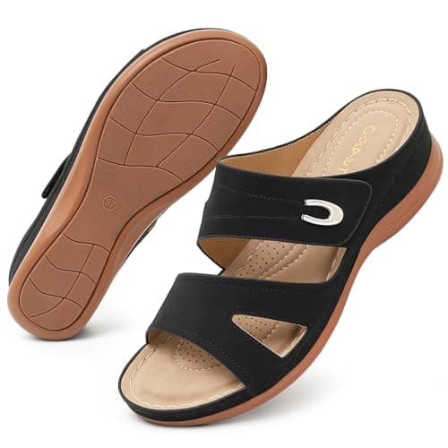Goldnut Black Wedge Sandals for Women Dressy, Slip On Womens Slide Comfortable Walking Platform Sandals Summer Size 6.5