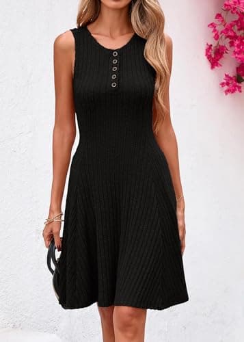 Lazysmile Summer Sleeveless Dresses for Women Crewneck Button Down Ribbed Knit A Line Casual Short Dress Black - Thumbnail 3