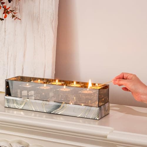 Timetrace Glass Candle Holder Rectangular 4 Candle Seat with Marble Pattern-Tealight and Votive Candles Holders Centerpiece Table Decorations for Home Décor, Dining Room, Kitchen, Patio (White) - Thumbnail 5