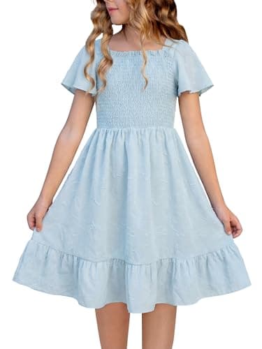 FREELYVE Tween Girls Summer Floral Dress Smocked Ruffle Sleeve Beach Party Boho Flowy Dresses with Pockets,Blue,10-11Y - Image 1