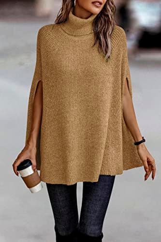 KIRUNDO Women's 2026 Fall Winter Turtleneck Poncho Sweater Fashion Chunky Knit Cape Wrap Sweaters Pullover Jumper Tops(Yellow Camel, Medium) - Thumbnail 2