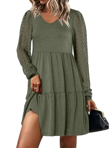 ANRABESS Dresses for Women Casual Lace Long Sleeve V Neck Tiered Swing Flowy Loose A-line Mini Short 2025 Fall Vacation Dress Medium Army Green - Image 1
