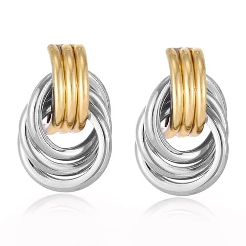 14K Gold Silver Earrings - Mixed Metal Knot Earring for Women, Trendy Two Tone Knotted Drop Statement Earring Jewelry - Image 1