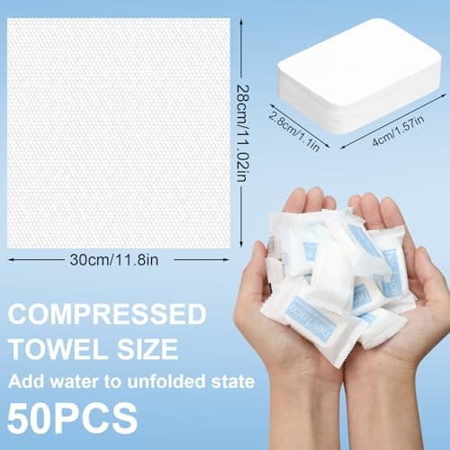Heyface Compressed Towels Tablets (11.8" x11") 50 Bulk Set Disposable Compressed Washcloths for Travel & Camping, Soft Compressed Face Towel with Waterproof Case for Daily Use & Camping Essentials - Thumbnail 3