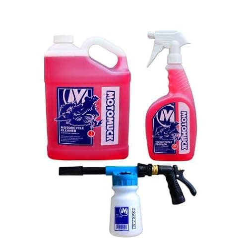 Motomuck 3 Piece Essentials Kit - Hose Conected Foam Gun/Foam Blaster - Motomuck 1 Gal PH Neutral Cleaner with Nano Coating tech foam gun soap refill - 32oz PH Neutral Nano trigger spray cleaner - Image 1