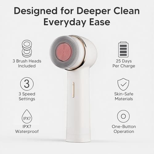 Teen Girls Electric Facial Cleansing Brush – Rechargeable Waterproof Dual Rotating Face Scrubber with 3 Interchangeable Heads, Soft Silicone Exfoliator, Perfect Skincare Gifts - Thumbnail 6