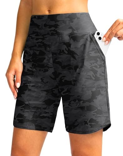 Viodia Women's 7" Swim Board Shorts High Waisted Modest Swimsuit Bathing Suit Beach Swimming Trunks for Women with Pockets Black Camo