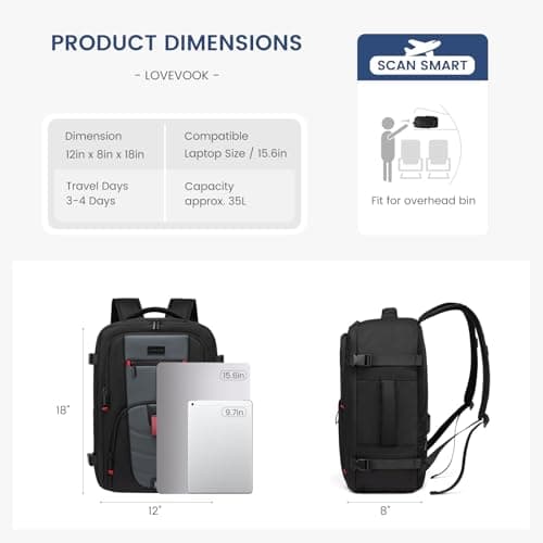 LOVEVOOK Travel Laptop Backpack for Men, 40L Large Carry On Backpack Personal Item Size, Airline Approved Waterproof Bookbag with 2 Packing Cubes Fits 15.6" Laptop - Thumbnail 5