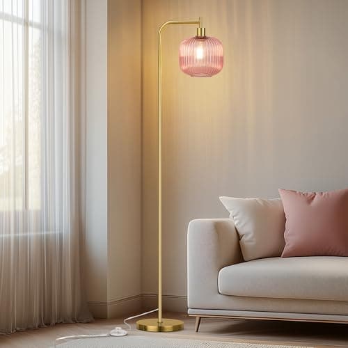 QiMH Glass Floor Lamp for Living Room, 67” Modern Standing Lamp with Pink Ribbed Glass Lampshade Pedal Switch Tall Lamp for Bedroom, Brushed Gold (2700K LED Bulb Included) - Thumbnail 2