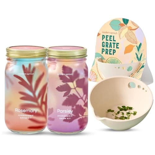 Modern Sprout Garden Jar & Herb Stripper Bundle, Self-Watering Herb Grow Kit w/Recyclable Mason Jar + 3-in-1 Prep, Peeler & Grater Plate, Indoor Gardening & Kitchen Gift Set (Rosemary & Parsley) - Image 1
