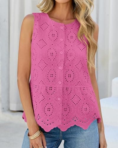 BTFBM Womens Tank Tops 2026 Summer Casual Sleeveless Button Down Shirts Embroidered Eyelet Blouse Beach Vacation Clothes(Rose Pink, Large) - Thumbnail 2