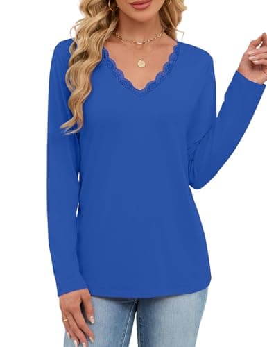 JUSTFASHIONNOW Winter Tops for Women V Neck Long Sleeve Shirts Trendy Lace Shirt Loose Fit Basic Tee Dressy Casual Work Office Outfits 2025 (Blue,Large) - Thumbnail 3