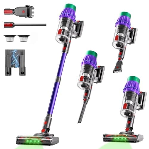 Cordless Vacuum Cleaner, 650W 48KPA UP to 60Min Vacuum Cleaners for Home, Self-Standing Stick Vacuum with Green Light Anti-Tangle, Vacuum Cordless Rechargeable for Pet Hair Carpet Hard Floors Purple